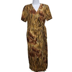 Mosaic Silk Tiger Print Faux Wrap Midi Dress 10P